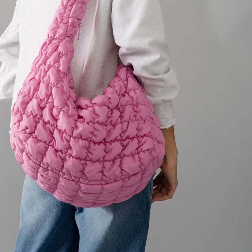 Oversized Quilted Puffy Rose Lilac Hobo Shoulder Carryall Bag NWT